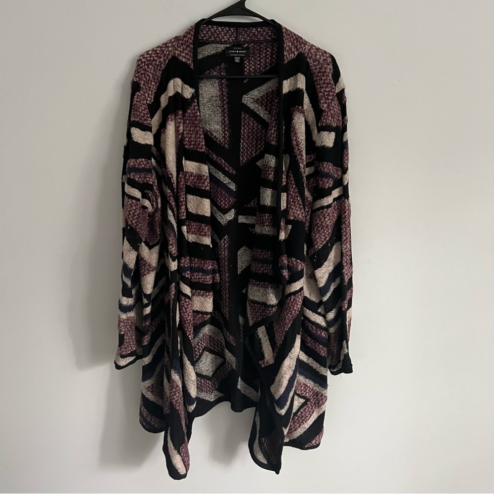 Lucky Brand Black, Mauve & Cream Geometric Open Cardigan